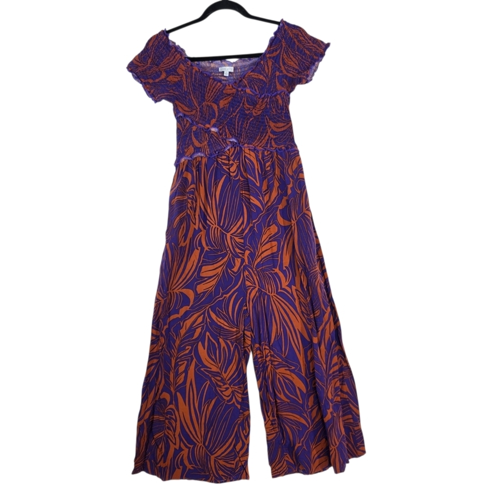 Patrons of Peace crisscross front  smoked bodice leaves print Jumpsuit